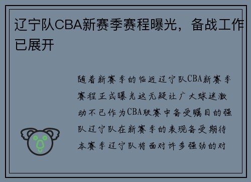 辽宁队CBA新赛季赛程曝光，备战工作已展开