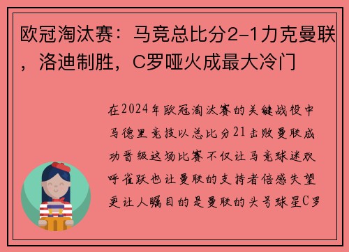 欧冠淘汰赛：马竞总比分2-1力克曼联，洛迪制胜，C罗哑火成最大冷门