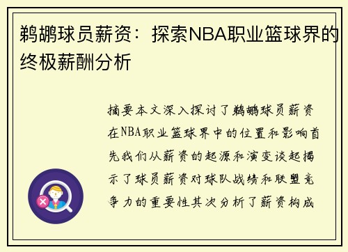 鹈鹕球员薪资：探索NBA职业篮球界的终极薪酬分析