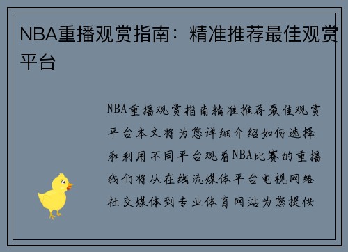 NBA重播观赏指南：精准推荐最佳观赏平台